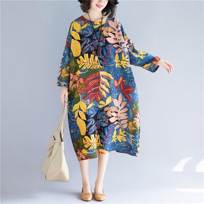 

Vintage Women Cotton Linen Dress O Neck Raglan Three Quarter Sleeve Print Pockets Casual Plus Size Loose Midi Dress
