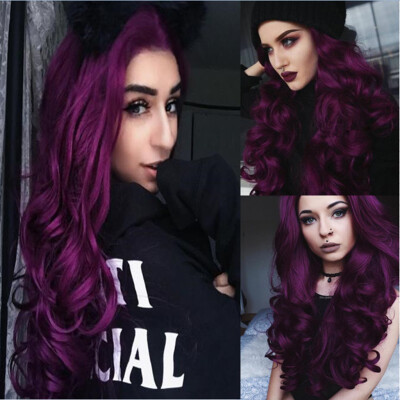 

〖Follure〗Fashion Women Long Purple Hair Full Wig Natural Curly Wavy Synthetic Hair Wigs