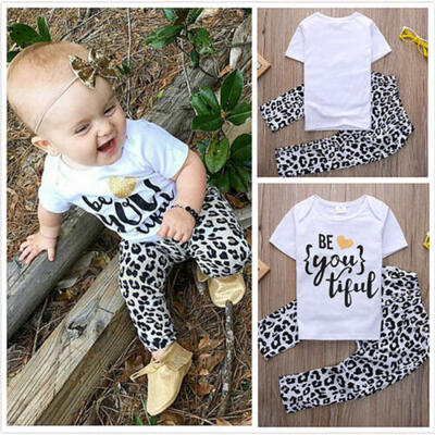

US 2PCS Toddler Kid Baby Girl Outfit Short Sleeve T-shirt Top Pants Clothes Set