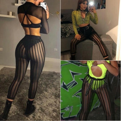 

Women Mesh Striped Long Pant Slim Leggings Trouser Sheer Party Cocktail Swimwear