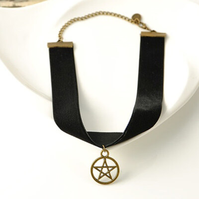 

Women Vintage Punk Gothic Pentagram Round Pendant Velvet Choker Collar Necklace