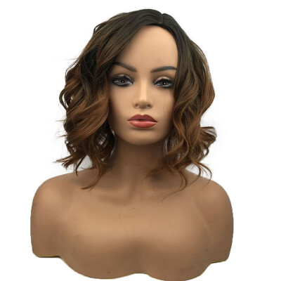 

StrongBeauty Short Curly Wavy Wig Brown Ombre Bob Full Synthetic Wig for Women Medium 12 Inch