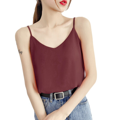 

Summer Casual Sleeveless Shirt Solid Color Loose Crop Tops Sweet Basic Chiffon V-Neck Camisole