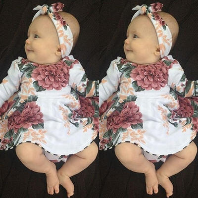 

Newborn Kids Baby Girls Floral Cotton Dress Headband 2PCS Outfits Set Clothes