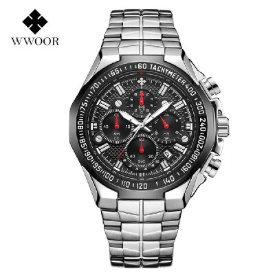 

WWOOR 8868 Men Quartz Watch Stainless Steel Band Fashion Multifunction Wristwatch 5ATM Luminous Display Chronograph Calendar Date