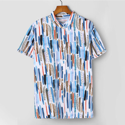 

Tailored Mens Ethnic Printed Stand Collar Colorful Stripe Short Sleeve Loose Shirt