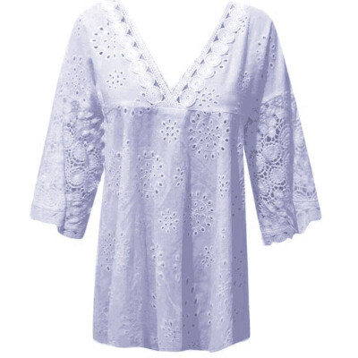 

Womens V Neck Long Sleeve Tops Loose Casual Hollow Shirt Vintage Boho Blouse
