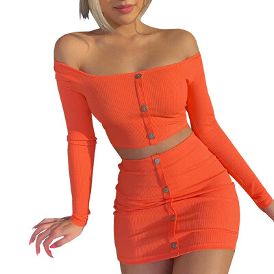 

Tracksuit For Women 2019 Summer Hot Sale Navel Short Two Piece Set Dress Orange Commute Single-breasted High Waist Suit Skirt