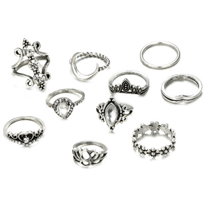 

Vintage New Crown Rings Set Fashion Jewelry Elegant 10 PcsSet Geometric Crystal Flower Midi Rings For Women