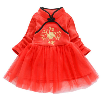 

6 Colors Autumn Kids Dresses For Girls Chinese Traditional Dress 1Y-7Y Mesh Stitching Embroidery Swan Collar Princess Dress Prom