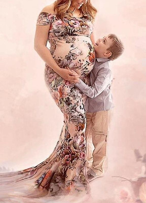 

Sexy&Lovely Off-the-Shoulder Floral Printed Tailing Elastic Maternity Dress