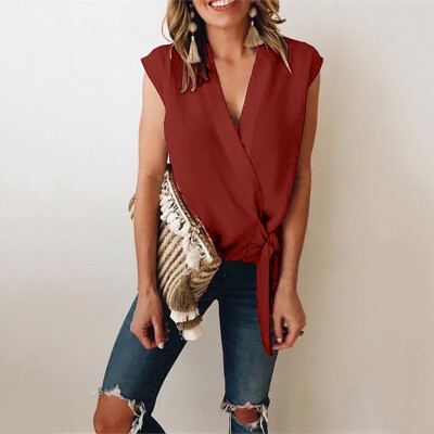 

Starmoon Women Fashion Bowknot Plain Blouses Summer Casual V-neck T-shirts