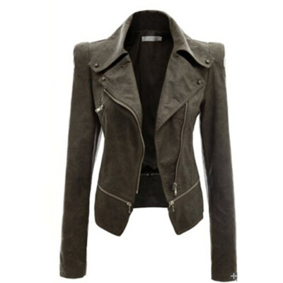 

Women Solid Color Leather Coat Jacket Casual Commuter Long Sleeve Lapel Zipper