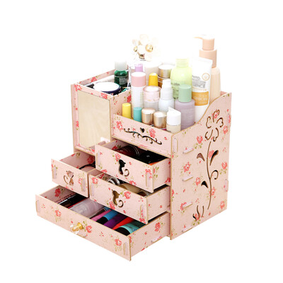 

Multifunctional Desktop Storage Box Assembly Wooden Large Capacity Makeup Cosmetic Storage Box with Mirror Multi Drawers DIY Jewel