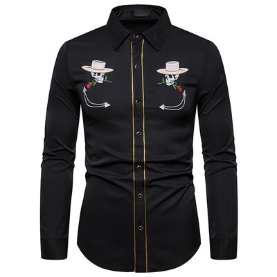 

Tailored Mens Leisure Fashion Embroidery Printing Lapel Long Sleeve Shirt Top Blouse