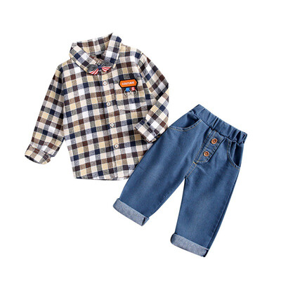 

Children Baby & Little Boy Casual Outfit Long Sleeve Bow Tie Plaid Shirt Denim Pants Trouser Set