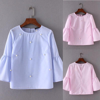 

Fashion Flouncing Sleeve Loose Blouse Women Summer Pearl Casual Shirt Tops