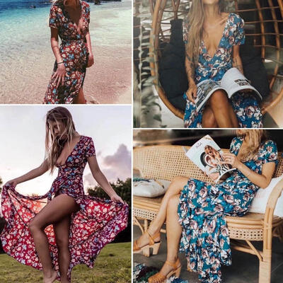 

Women Sexy Floral Rose Bohemian Boho Long Maxi Dress Sundress Travel Beach Dress