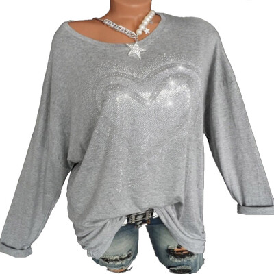 

2019 Fashion Women Diamond O-neck Long sleeves Loose T-shirt