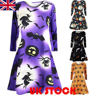 

UK Stock Women Pleated Halloween Retro Vintage Dress A Line Pumpkin Swing Dress