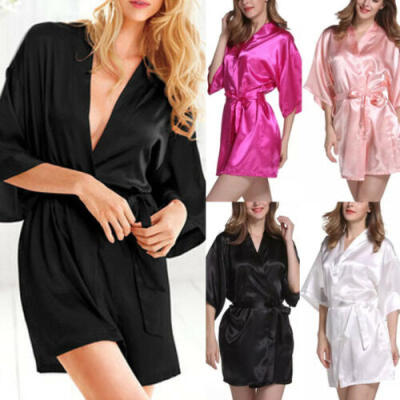 

Women Sexy Silk Lace Satin Kimono Robe Bathrobe Lingerie Sleepwear Belt Pajamas