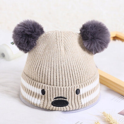 

Cute Bear Double Balls soft Baby Knitted Wool hat Thick head protector keep warm for boys&girls outdoor Autumn Winter hat