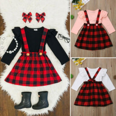 

2PCS Newborn Baby Girls Christmas Clothes Set Top T-shirtPlaid Skirts Outfits