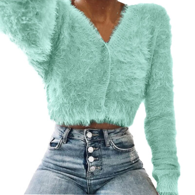 

〖Follure〗Women Fashion V-neck Long Sleeve Furry Casual Sweater Crop Popular Women Tops