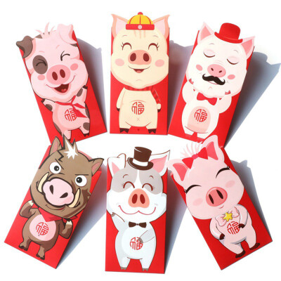 

〖Follure〗6pcsSet 2019 New Years Pig Year Cartoon Red Packets Hong Bao Lucky Money Bags