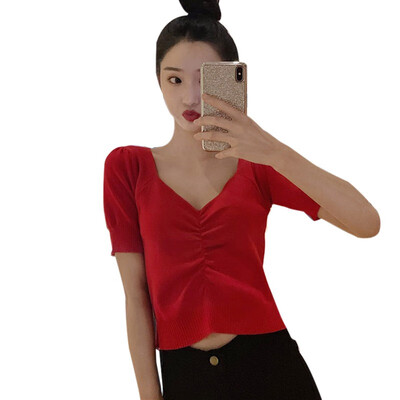 

Summer Women T Shirt Solid Color Short Sleeve Casual Knitted T-Shirt Sexy V Neck Puff Sleeve Women Tshirt camiseta mujer