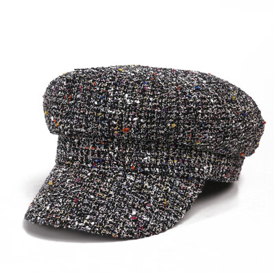 

Hat ladies fallwinter new small breeze octagonal Hat Korean Plaid flat top Navy Hat British vintage berets