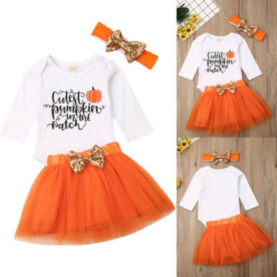 

3PCS Newborn Baby Girls Pumpkin Romper Tutu Skirts Headband Halloween Outfits US