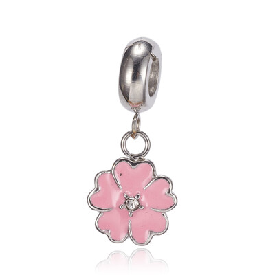 

304 Stainless Steel Dangle Beads with Enamel Flower Large Hole Pendants Pink 25x105x3mm Hole 45mm