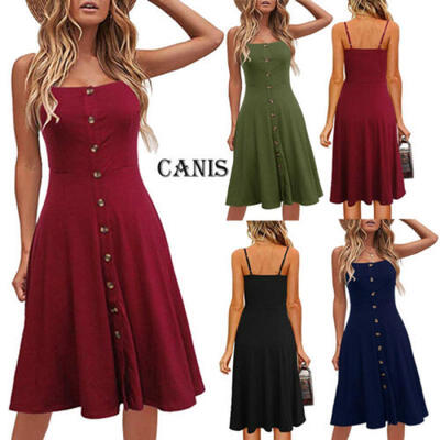 

2019 Women Sleeveless Button Long A-Line Dress Casual Solid Midi Dress