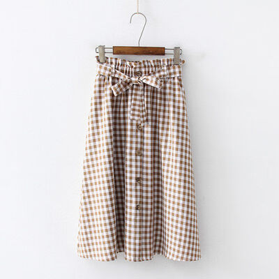 

Sweet Button Plaid Print Bow Lace Up Skirt Women Vintage Literary Style Elastic High Waist Wild A Word Long Skirt Womens