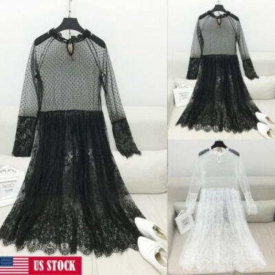 

US Women Sexy Mesh Sheer See-through Top Blouse Music Tulle Lace Long Dress Club