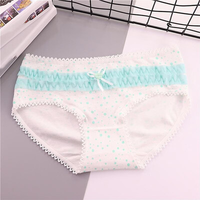 

Cute Women Underwear Cotton Blends Polka Dot Print Crochet Lace Scallop Tied Ruffle Elastic Waist Bow Briefs