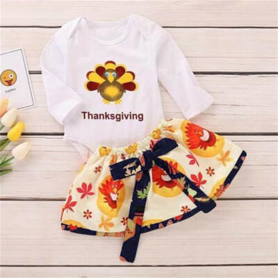 

Newborn Baby Girl Thanksgiving Clothes Outfit Long Sleeve Romper Turkey Skirt