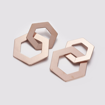 

304 Stainless Steel Dangle Stud Earrings Hexagon Rose Gold 56x28x35mm Pin 08mm