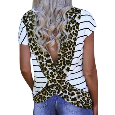 

Starmoon Fashion Women Sexy Loose Short Sleeve V-neck Printed Open Back T-Shirt Blouse