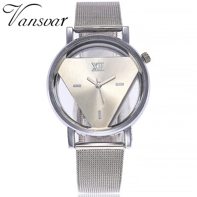 

Vansvar Fashion Women Silver Triangle Watch Casual Transparent Hollow Stainless Steel Mesh Quartz Watches Relogio Feminino 533