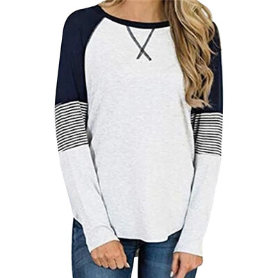 

Women T-Shirt Round Collar Summer Color Matching Loose Long Sleeve Casual Simple Wild t-shirt femme