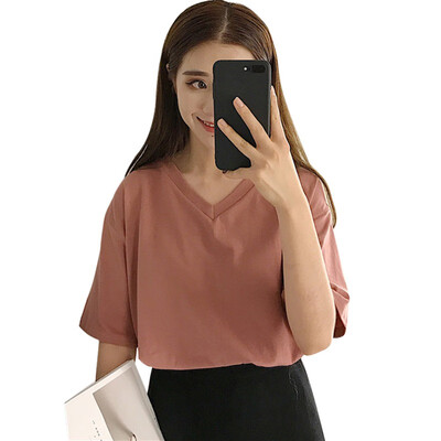 

Womens O-NeckV-Neck Solid Short Sleeve Loose T-Shirt