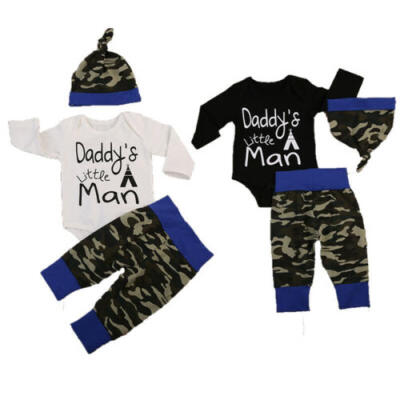 

3PCS Camo Newborn Baby Boys Cotton Tops Romper Pants Hat Outfits Set Clothes US