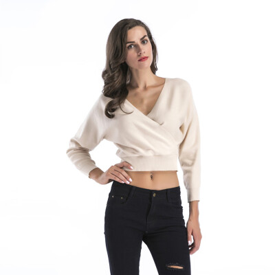 

Tailored Womens Deep V-neck Bat Sleeve Short Solid Color Knit Sweatershirt Blouse Top