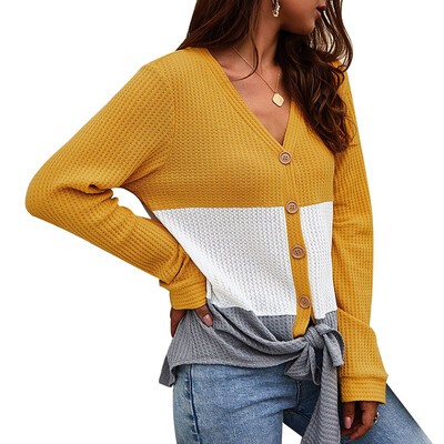 

V-neck Contrast Color Stitching V-neck Long-sleeved Button Slim Sweater Yellow
