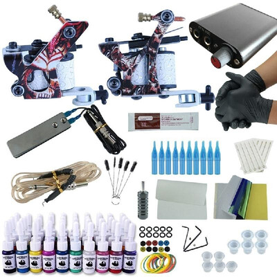 

Professional Complete Tattoo Kit Set Tattoo Machine Double Dual Power Lining&Shading Machines with 10 Immortal Color Inks