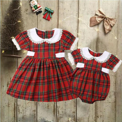 

US Xmas Matching Kids Baby Girl BigLittle Sister Plaid Romper Dress Christmas