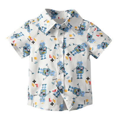 

Summer Cartoon Robots Print Boys Shirt Turn Down Collar Cotton Kids Tops