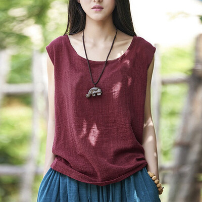 

Nomeni Women Vintage Sleeveless Cotton Linen Casual Loose Crop Tops Vests Blouse